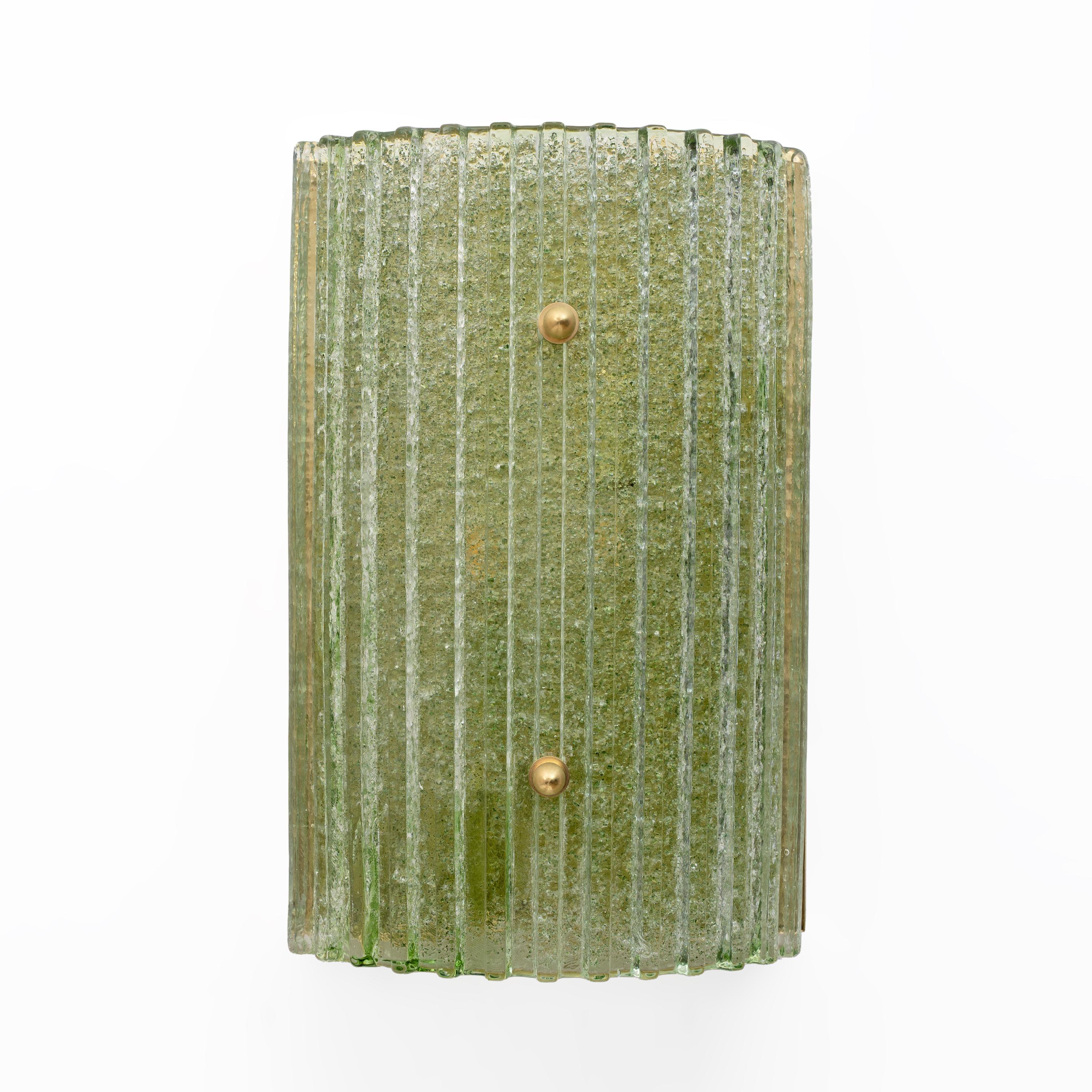 Pair of Murano glass and brass wire wall lights of modern inspiration, with an elegant aesthetic. Perfect for creating the perfect warm light in any environment. Each wall light is equipped with two E14 or E12 lamp holders and is wired according to