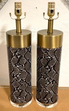 Pair of Modern Brass, Faux Snakeskin & Lucite Column Lamps