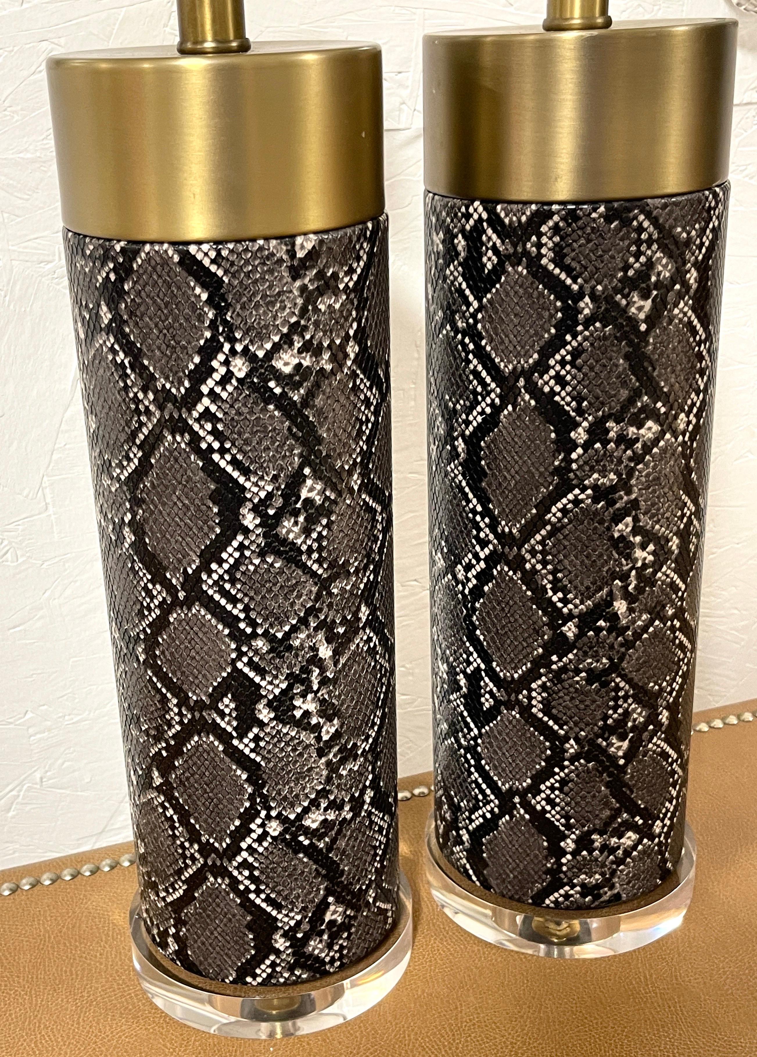 Embossed Pair of Modern Brass, Faux Snakeskin & Lucite Column Lamps