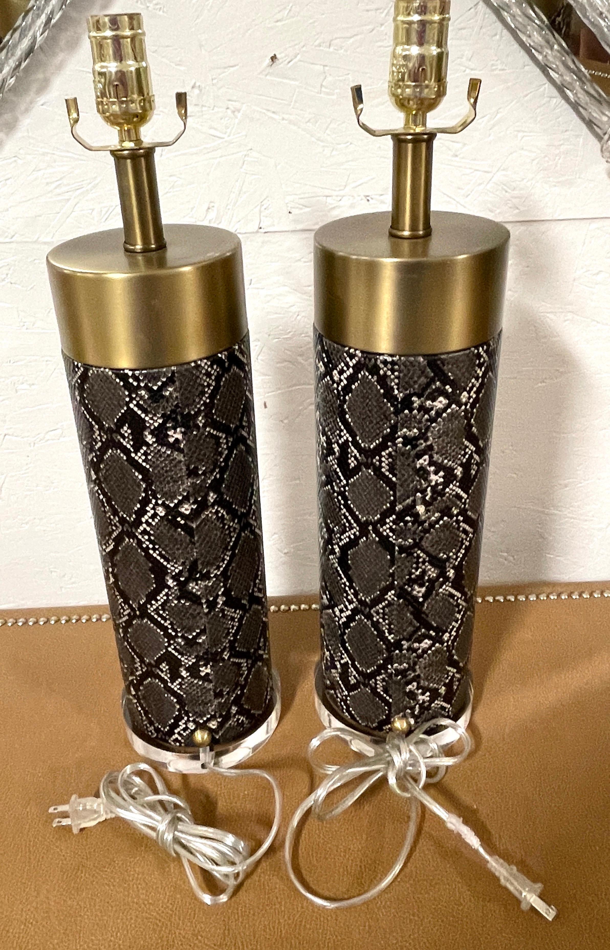 Pair of Modern Brass, Faux Snakeskin & Lucite Column Lamps 1