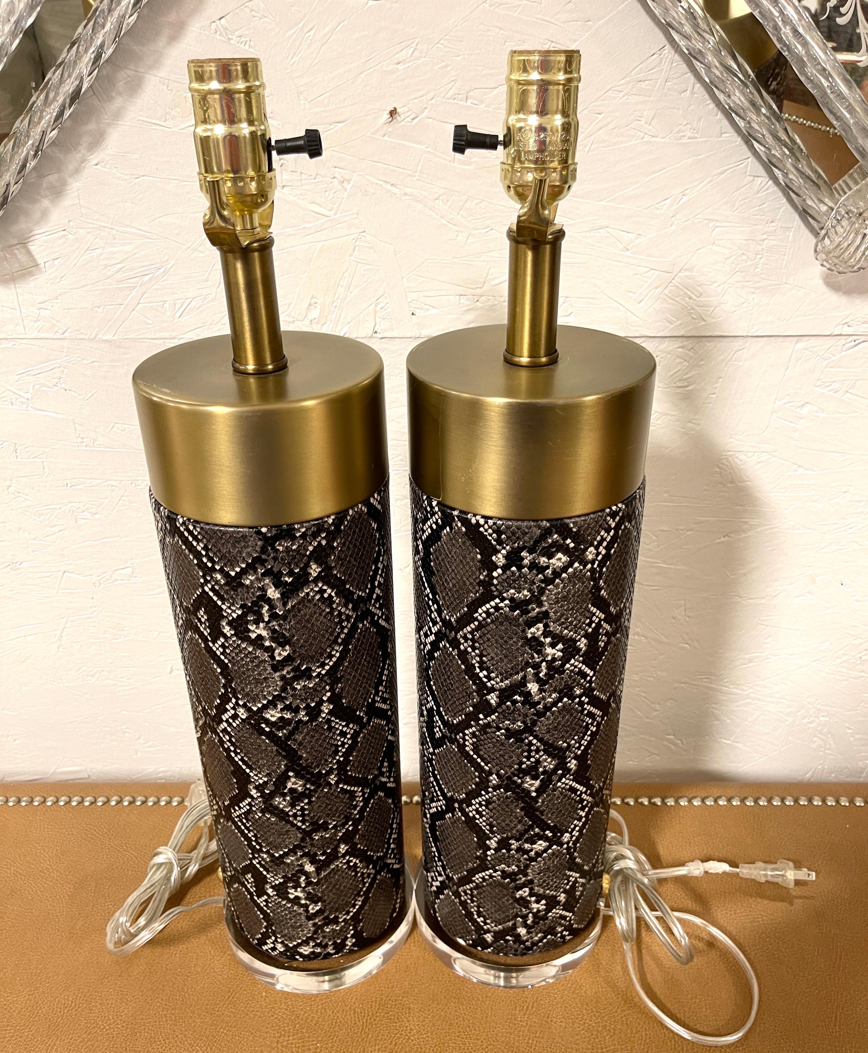 Pair of Modern Brass, Faux Snakeskin & Lucite Column Lamps 2