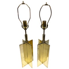 Jean Michel Frank Style Pair of "Croisillon" Brass Lamps