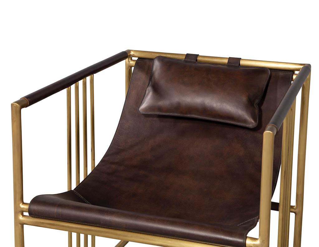 Pair of Modern Brass Leather Lounge Chair Bison by McGuire Haybine 1