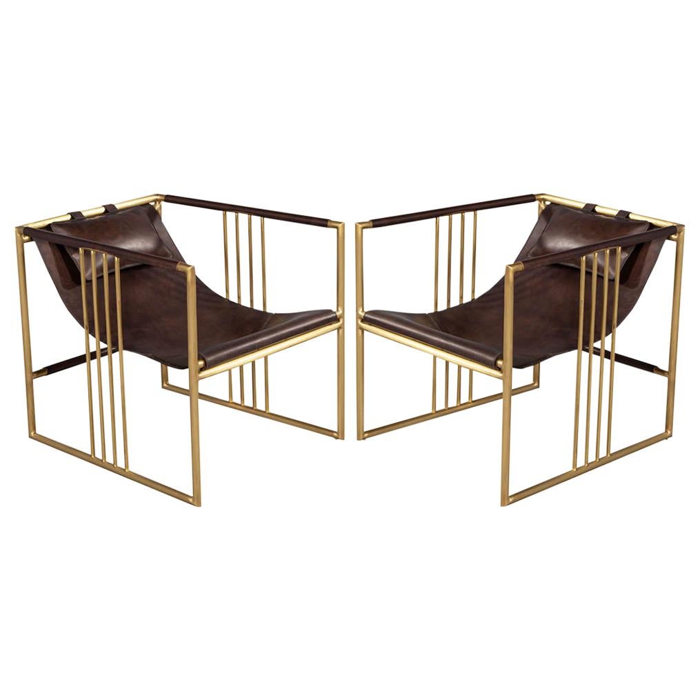 Pair of Modern Brass Leather Lounge Chair Bison by McGuire Haybine
