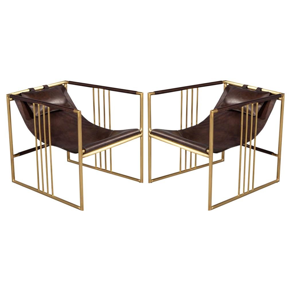 Pair of Modern Brass Leather Lounge Chair Bison by McGuire Haybine