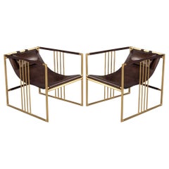 Pair of Modern Brass Leather Lounge Chair Bison by McGuire Haybine