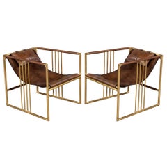 Pair of Modern Brass Leather Lounge Chair Saddle by McGuire Haybine