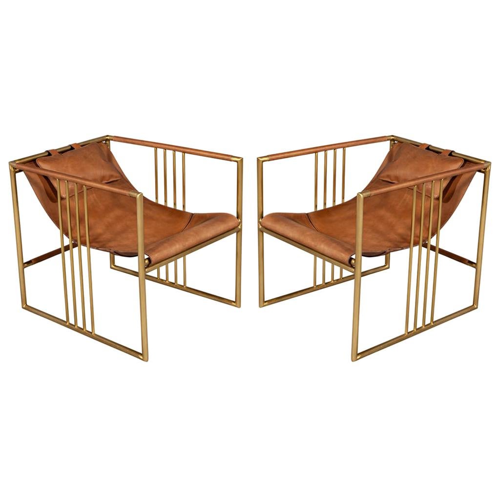 Pair of Modern Brass Leather Lounge Chair Saddle by McGuire Haybine For Sale at 1stDibs