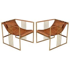 Pair of Modern Brass Leather Lounge Chair Tan by McGuire Haybine