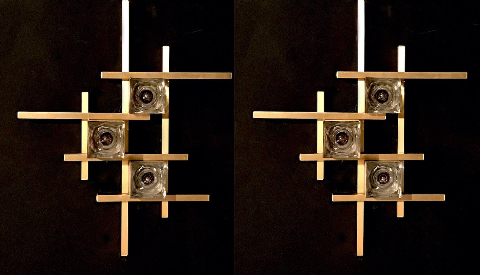 Pair of brass cube sconces or flush mount lamps by Gaetano Sciolari.
Each with three E 14 light bulbs.