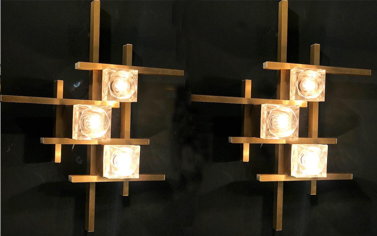 Mid-Century Modern Pair of Modern Brass Sciolari Cube Sconces or Flush Mount, 1960