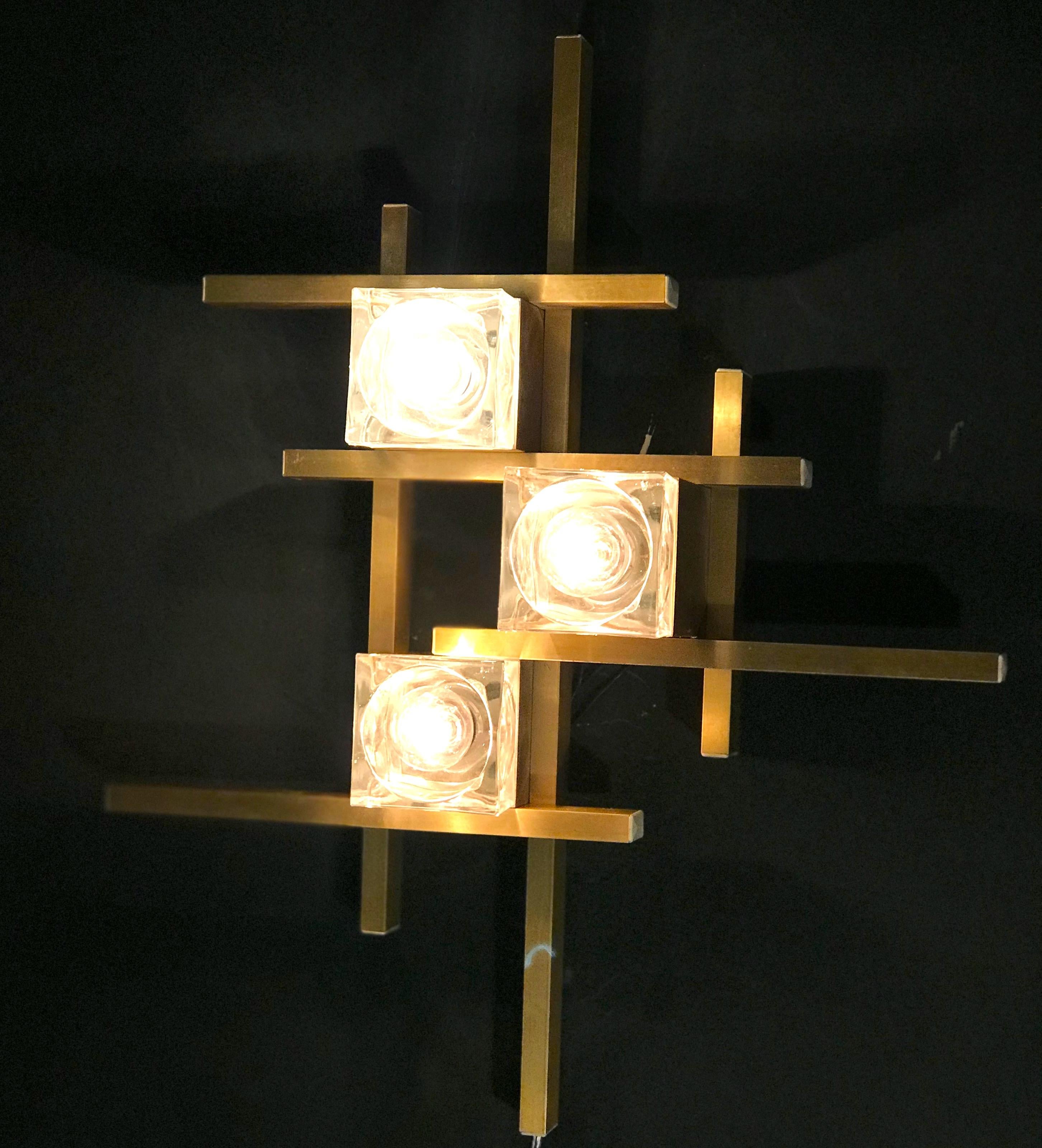 Italian Pair of Modern Brass Sciolari Cube Sconces or Flushmount, 1960