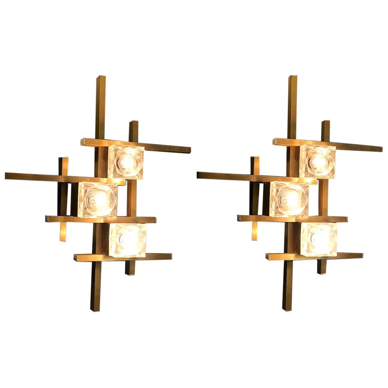 Pair of Modern Brass Sciolari Cube Sconces or Flushmount, 1960