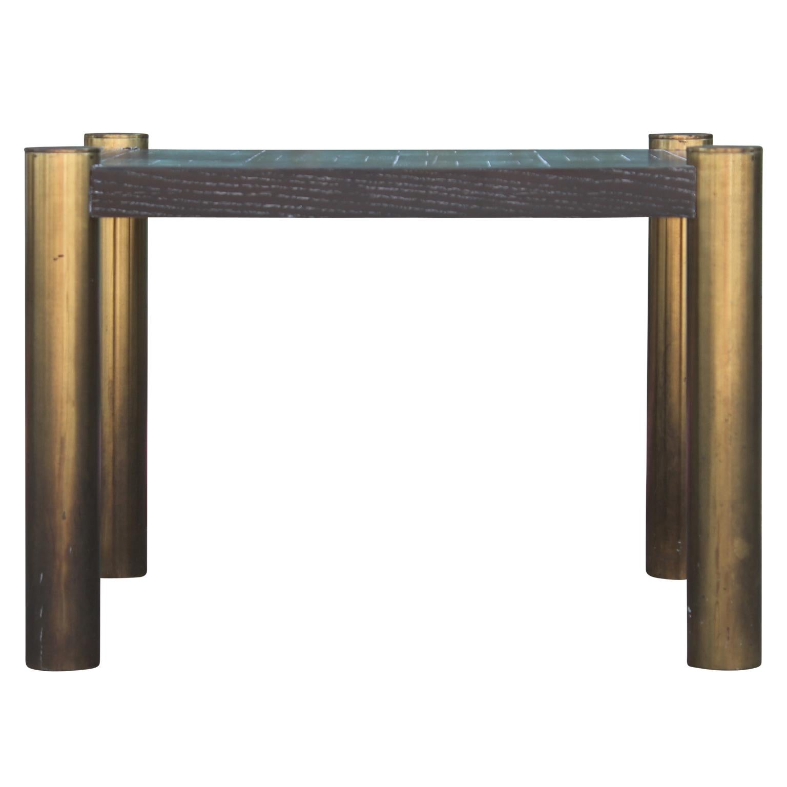 Pair of gorgeous modern brass side tables with a patterned cerused black top by Lane.