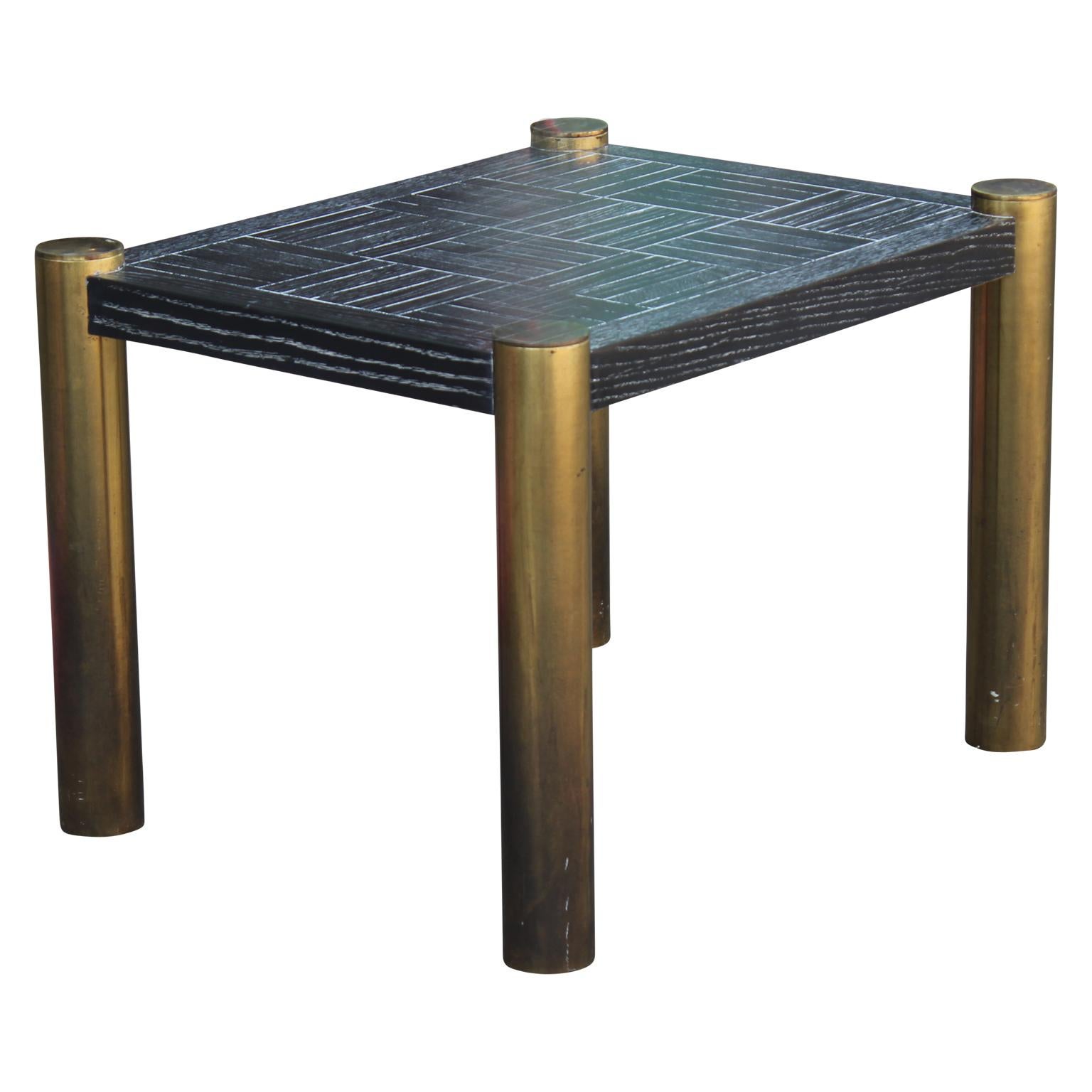 Hollywood Regency Pair of Modern Brass Side Tables with a Cerused Black Top by Lane Furniture