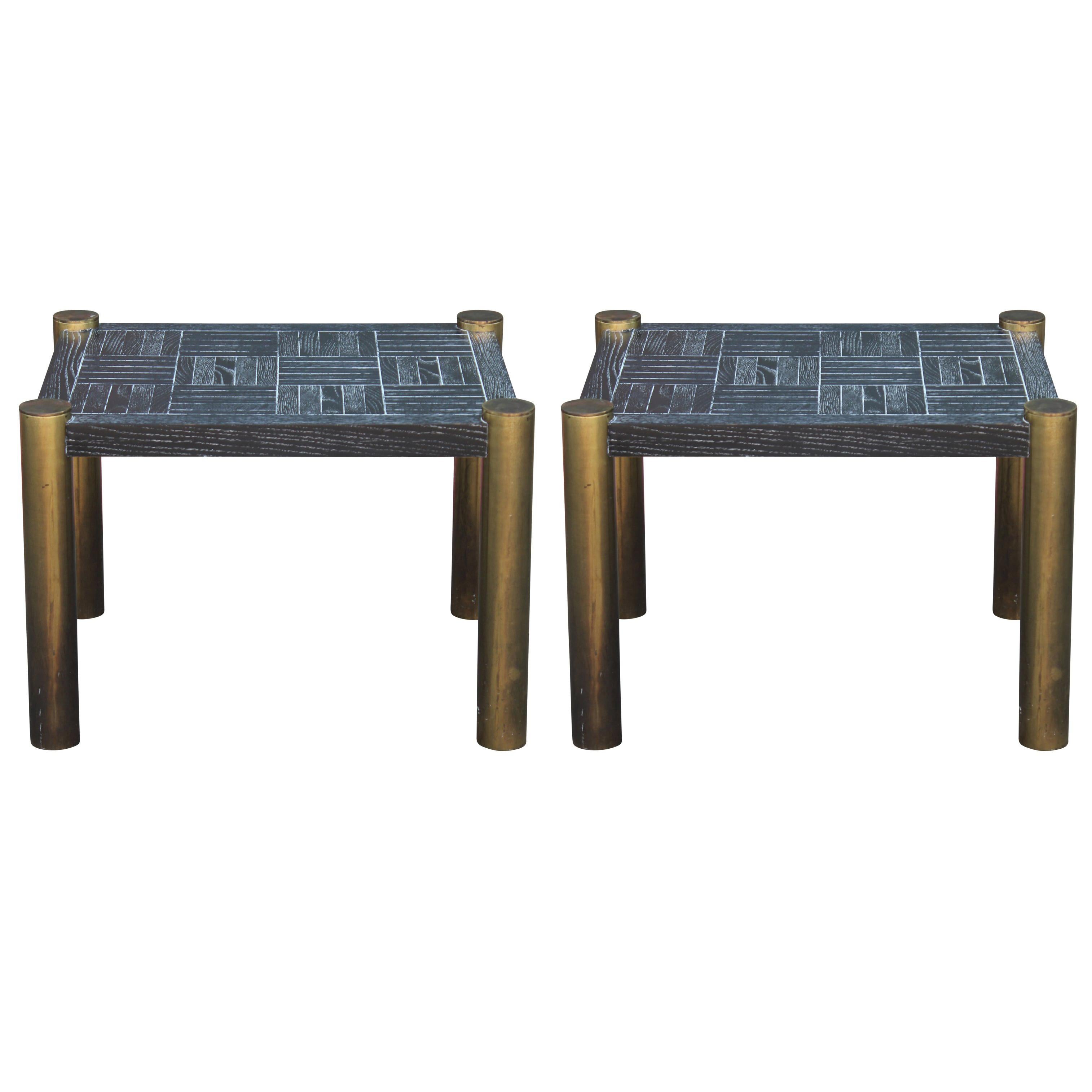 Pair of Modern Brass Side Tables with a Cerused Black Top by Lane Furniture