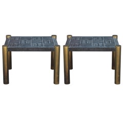 Pair of Modern Brass Side Tables with a Cerused Black Top by Lane Furniture