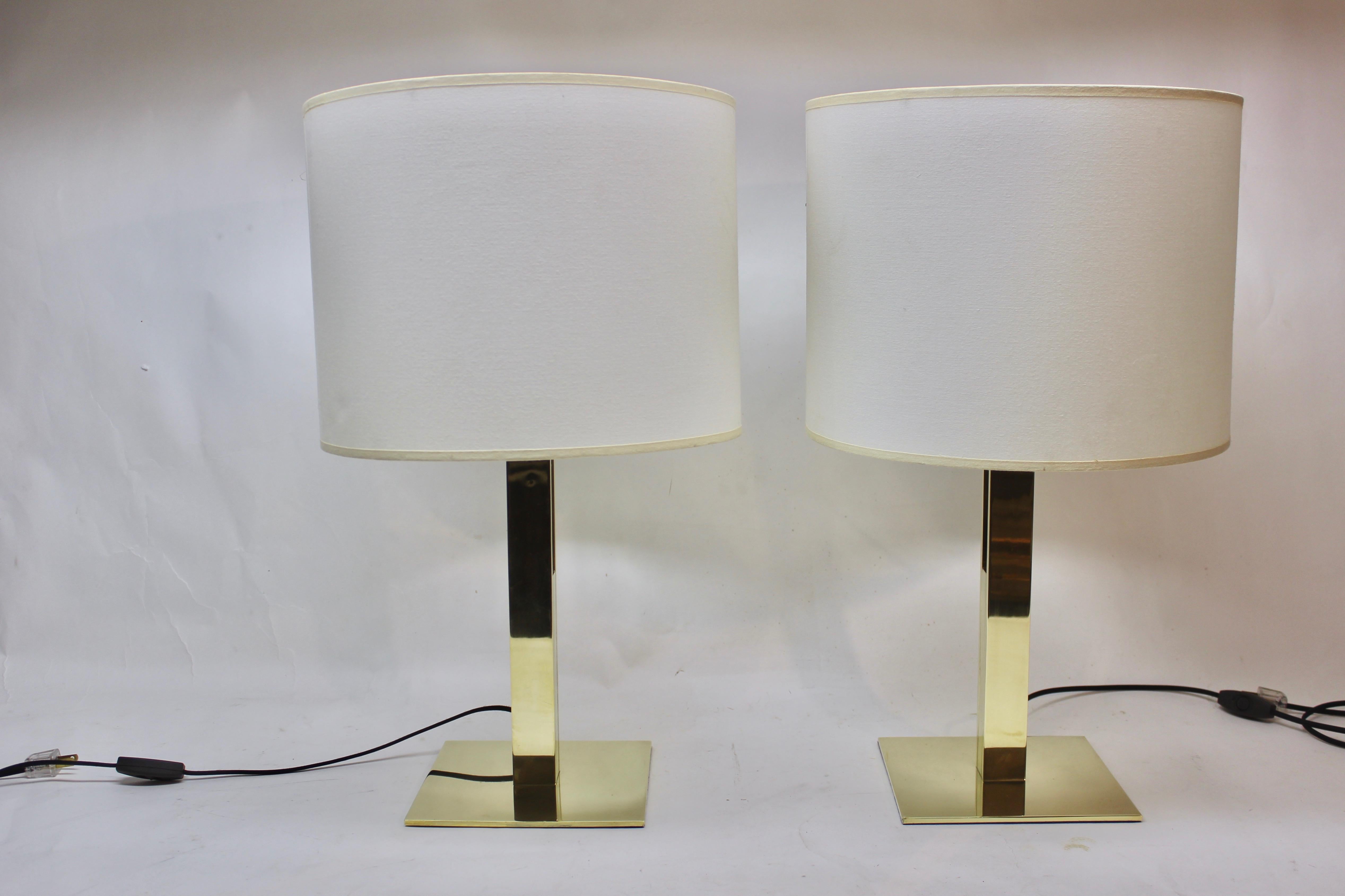 Pair of Mid-Century Modern column brass table lamps.