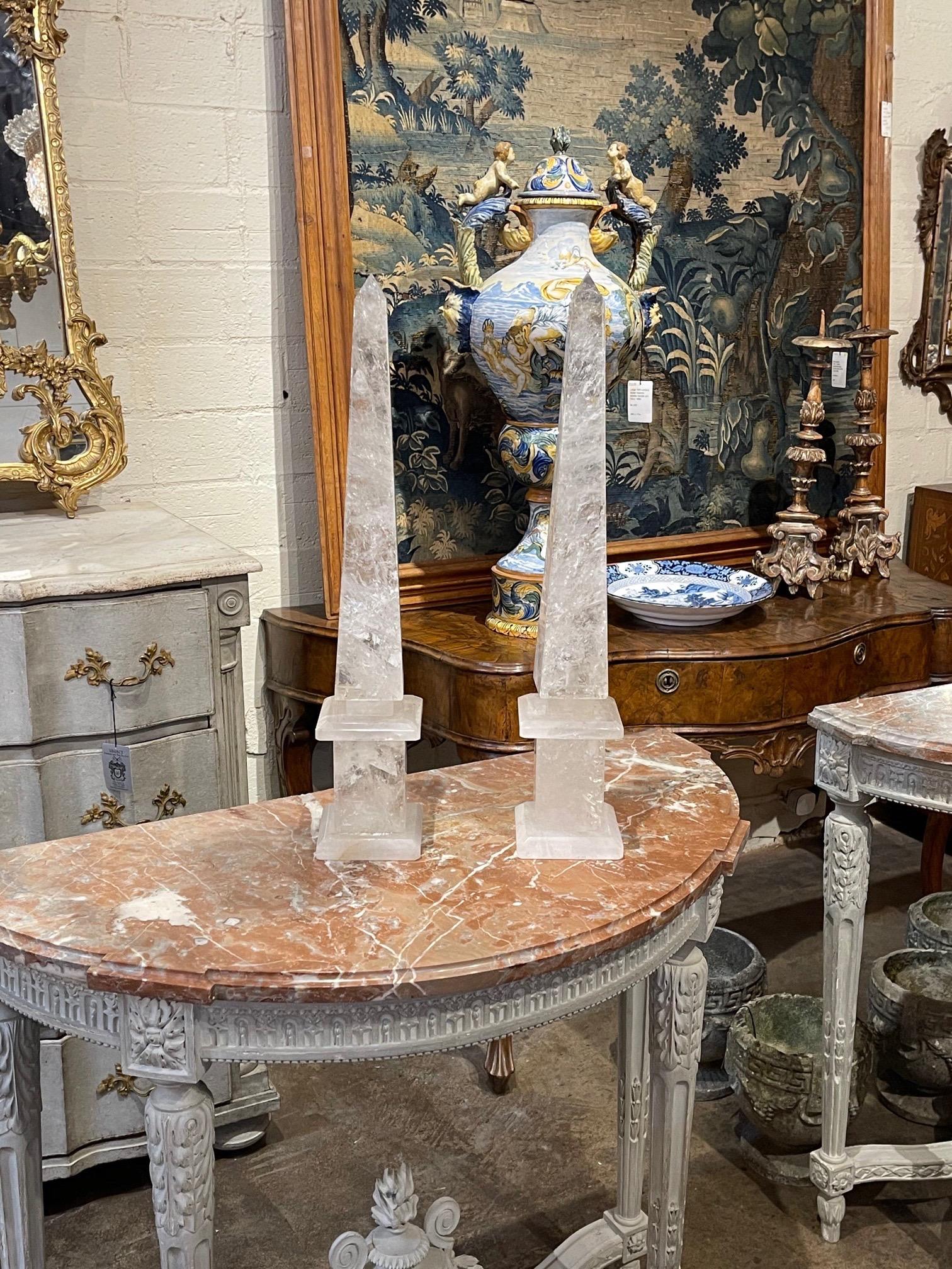 Gorgeous pair of modern rock crystal obelisks from Brazil. A fabulous decorative accessory!