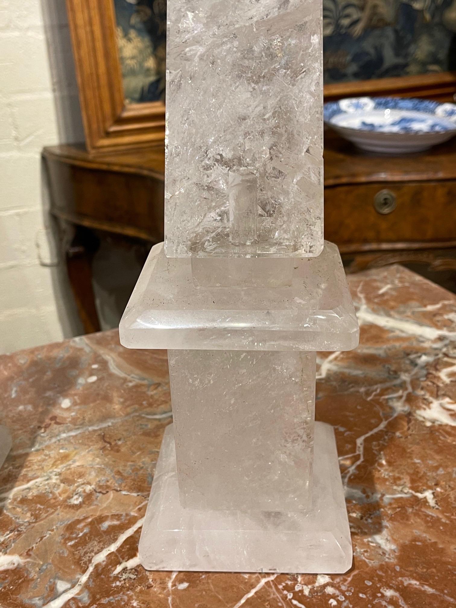 Pair of Modern Brazilian Rock Crystal Obelisks In Good Condition For Sale In Dallas, TX