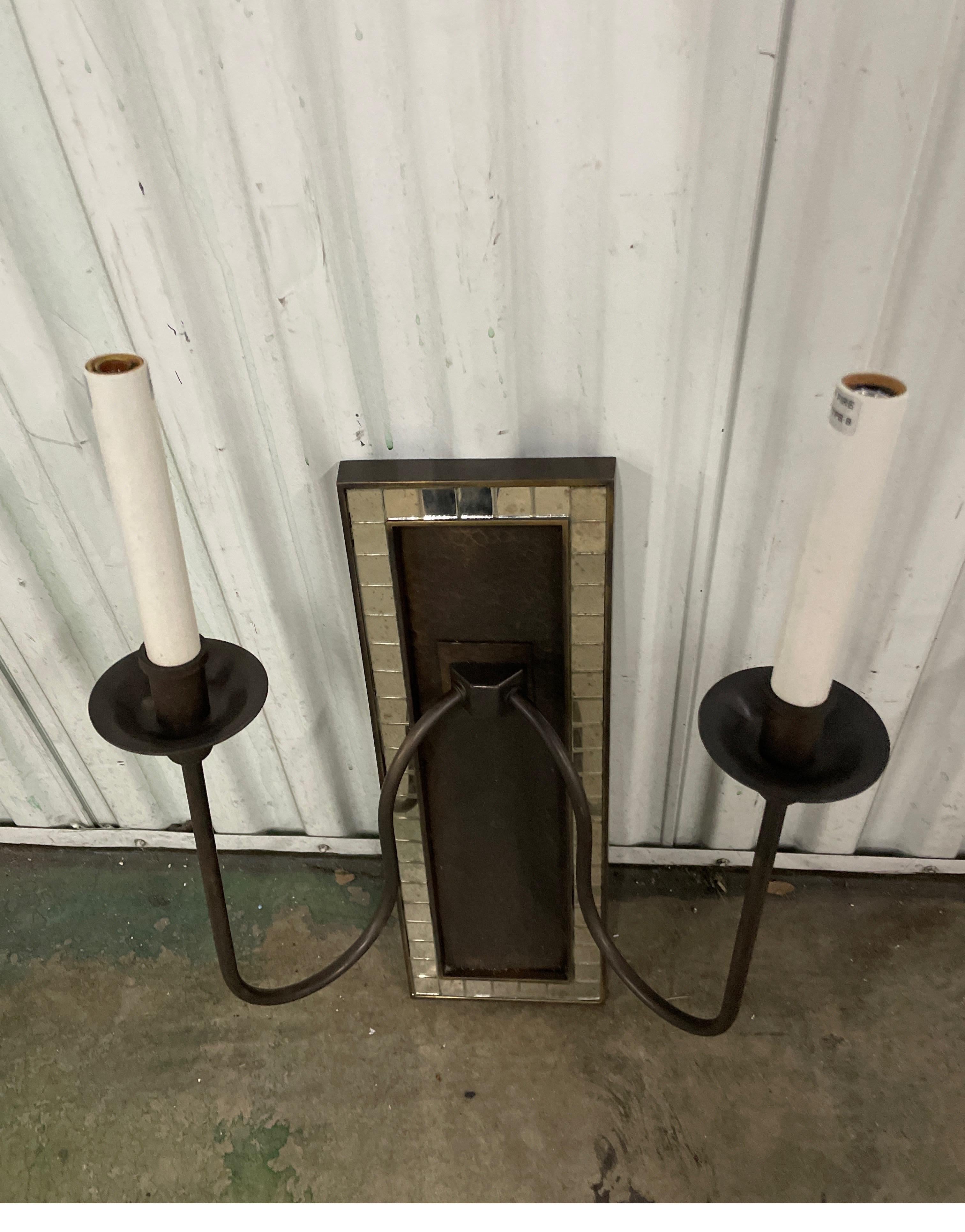Pair of Modern Bronze & Mirror Wall Sconces In Good Condition For Sale In West Palm Beach, FL