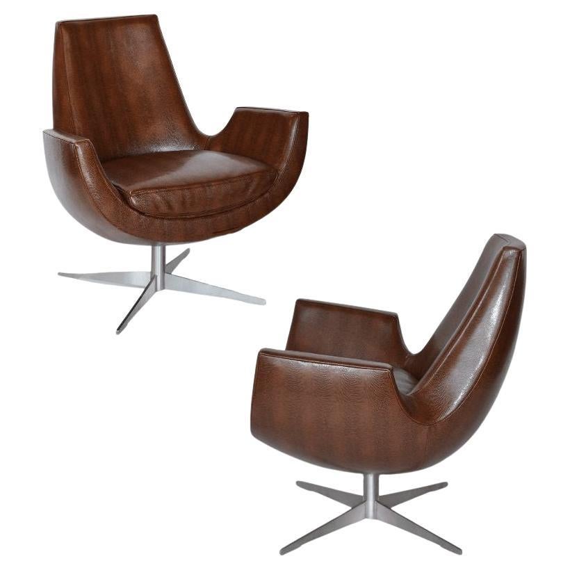 Pair of Mid-Century Brown Leather Chairs Newly Upholstered For Sale
