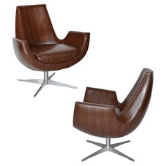 Pair of Mid-Century Brown Leather Chairs Newly Upholstered