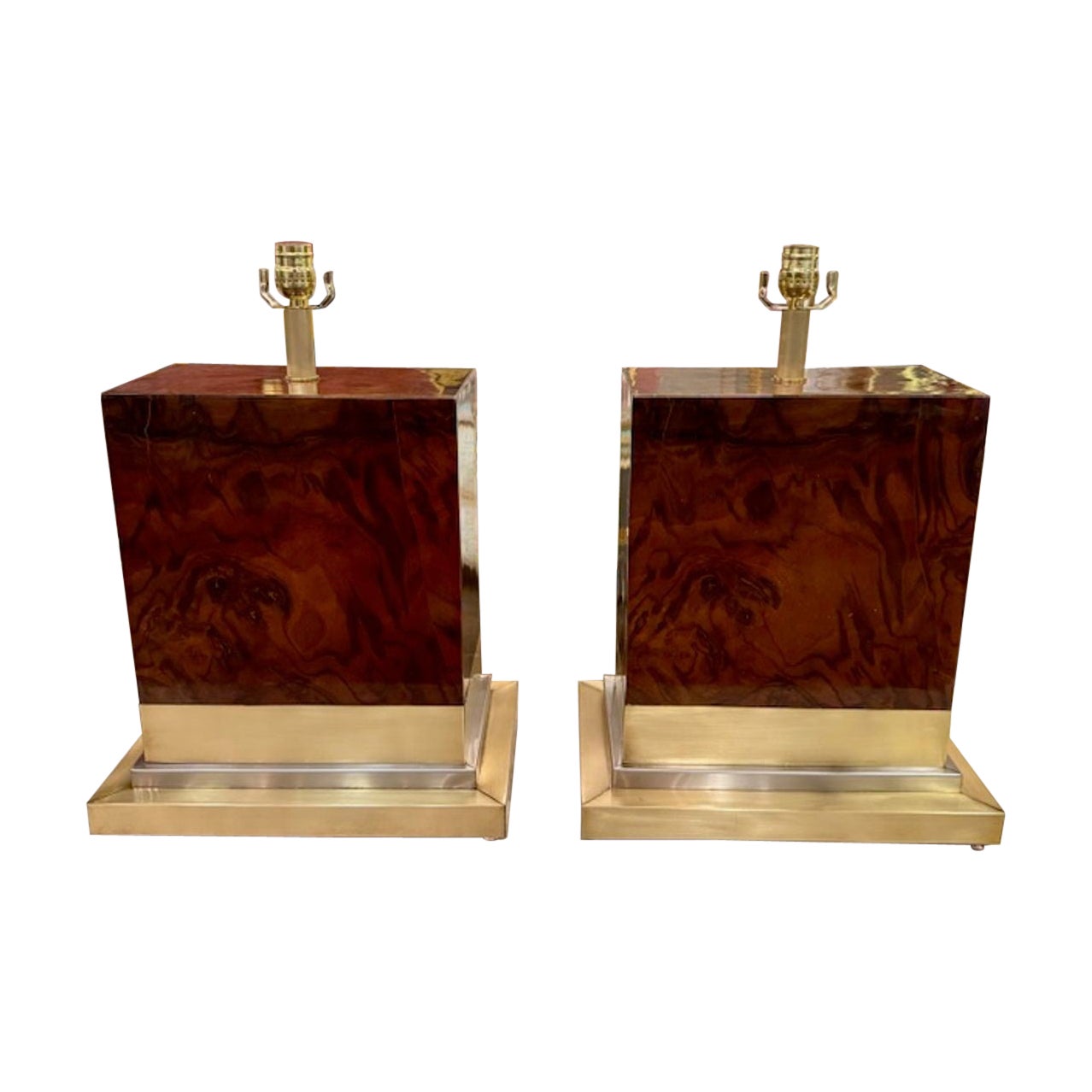 Pair of Modern Burlwood and Brass Lamps