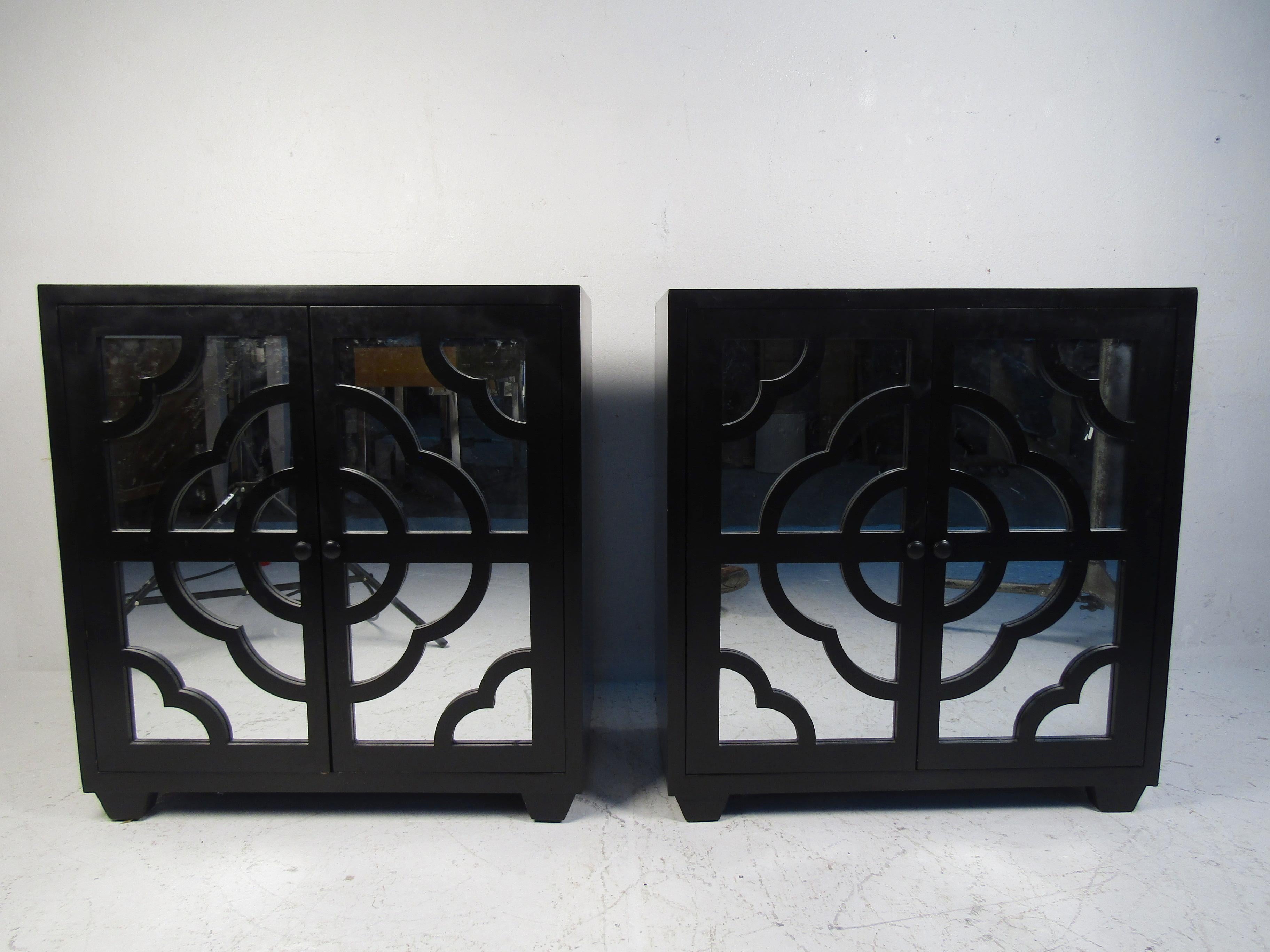 Black side cabinets in black with sculpted front over mirror.
(Please confirm item location - NY or NJ - with dealer).
  