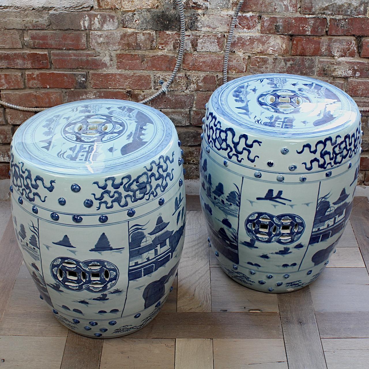 Ceramic Pair of Modern Canton Chinese Export Porcelain Garden Seats