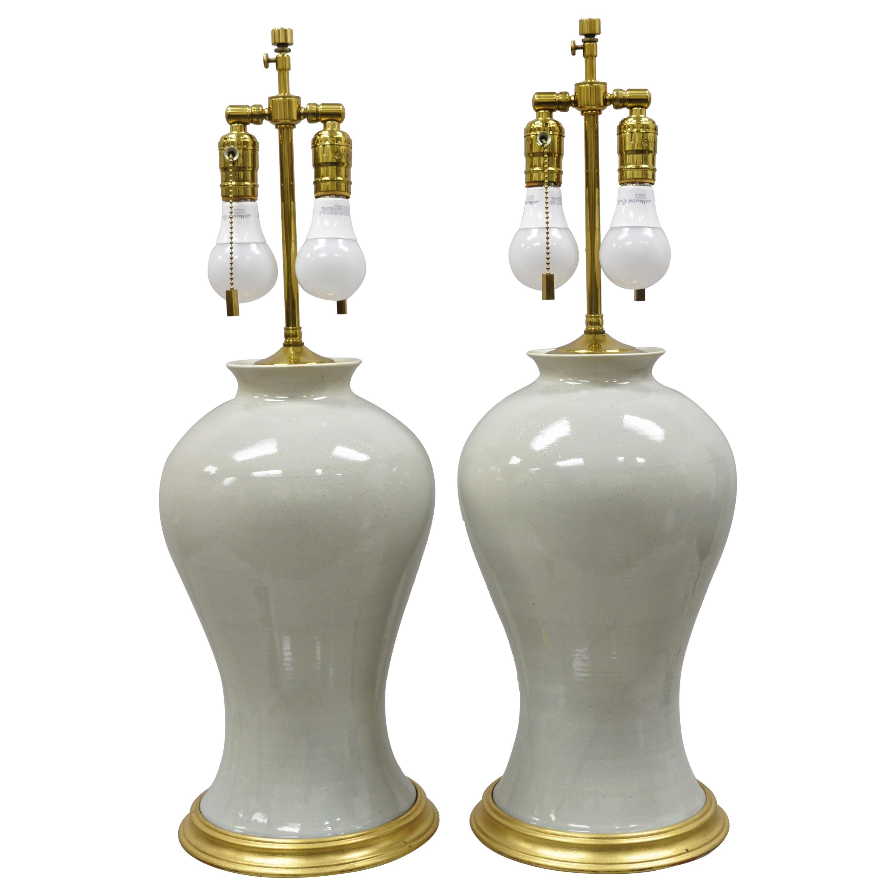 Pair of Modern Celadon Green Glazed Ceramic Brass Bulbous Stoneware Table Lamps For Sale