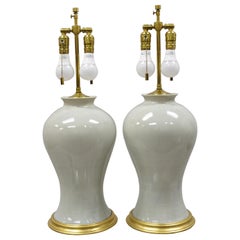 Vintage Pair of Modern Celadon Green Glazed Ceramic Brass Bulbous Stoneware Table Lamps