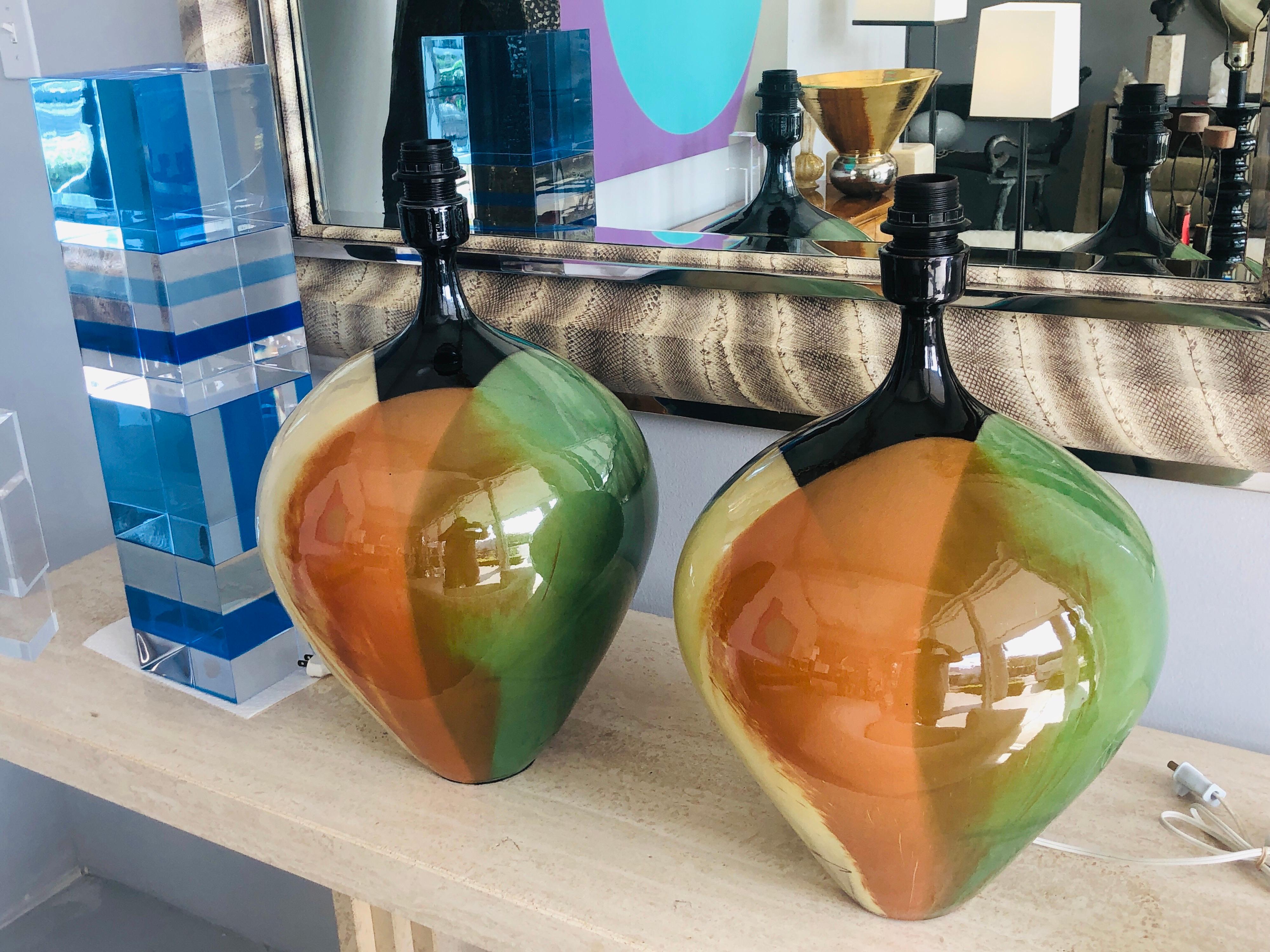 Pair of Modern Ceramic Lamps, Sonia Delaunay Manner In Good Condition In Miami, FL