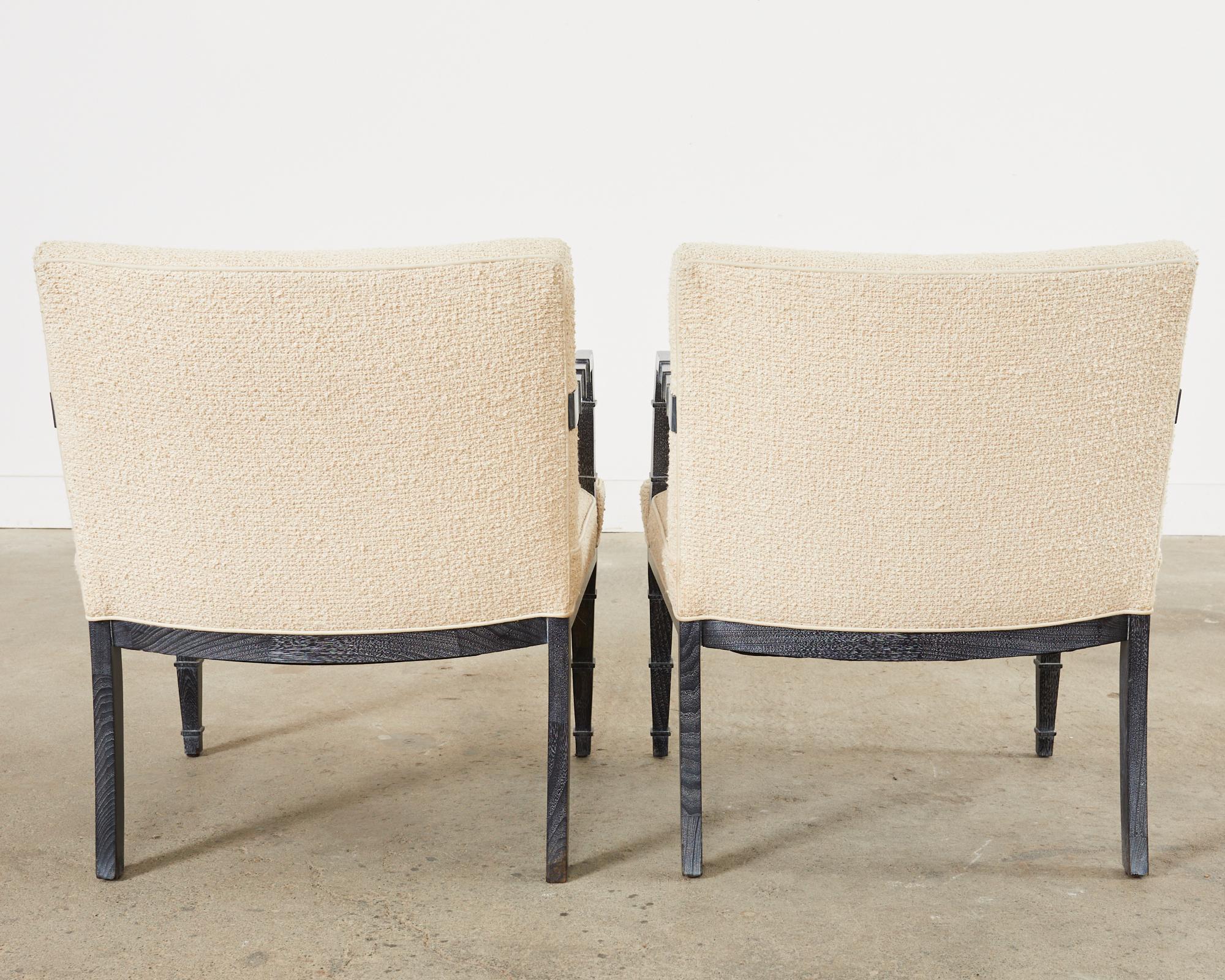Pair of Modern Cerused Oak Faux Bamboo Bouclé Armchairs For Sale 14