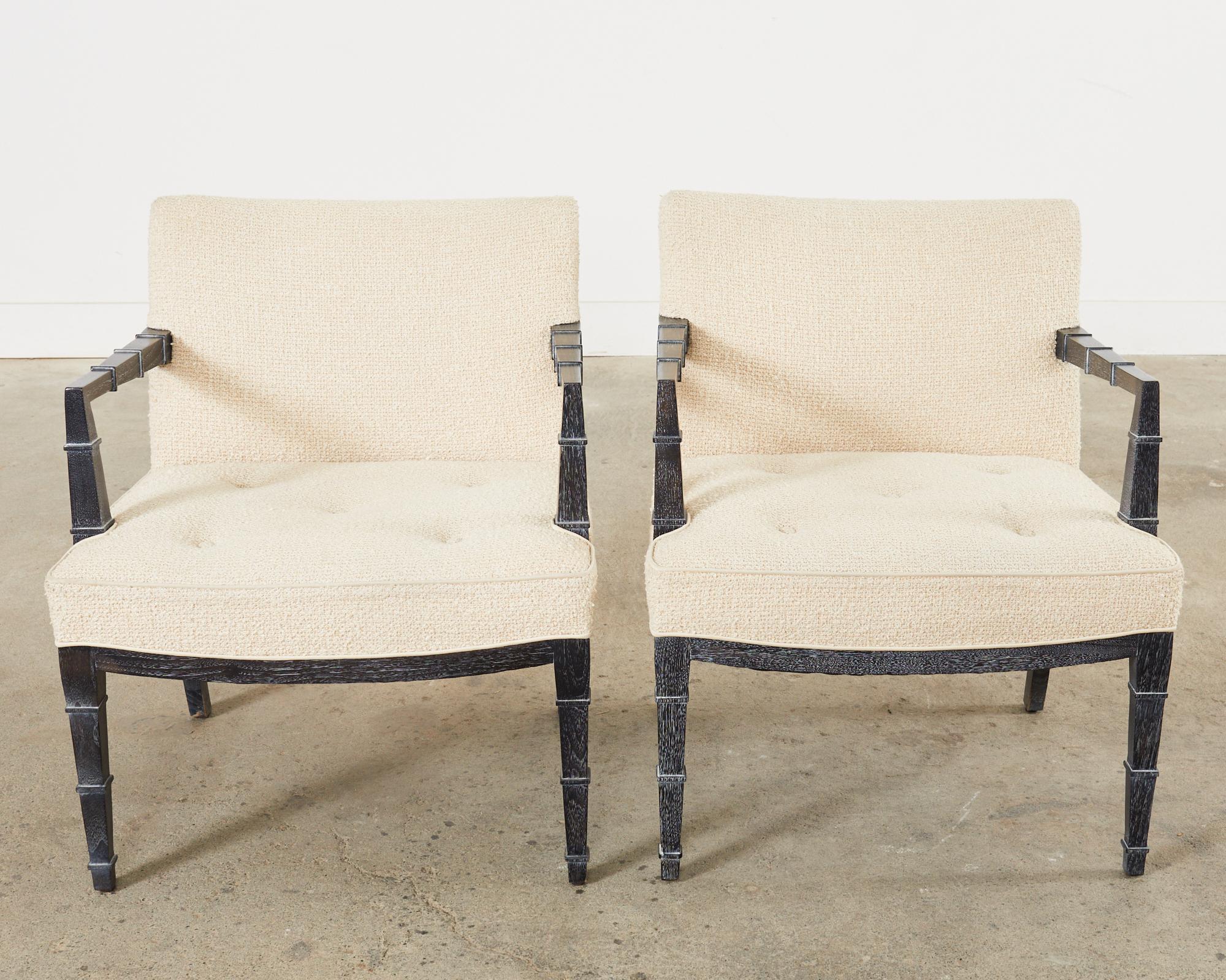 American Pair of Modern Cerused Oak Faux Bamboo Bouclé Armchairs For Sale