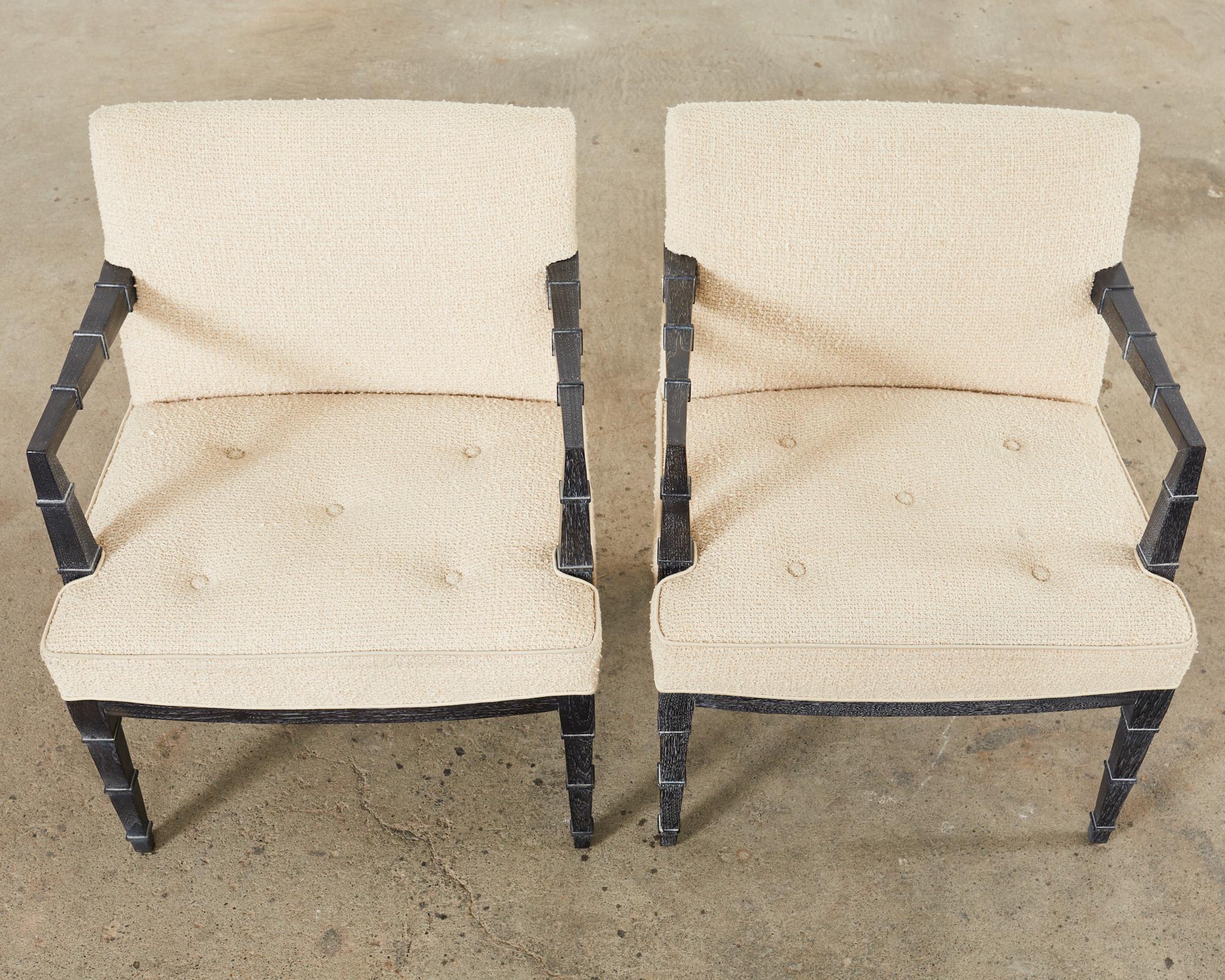 Contemporary Pair of Modern Cerused Oak Faux Bamboo Bouclé Armchairs For Sale