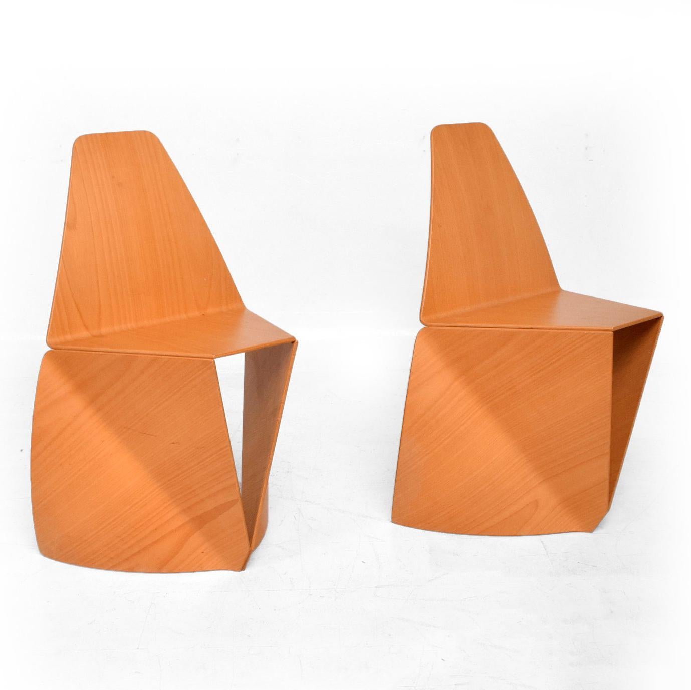 For your consideration: Pair of Stackable Chairs-2- in  Bent Plywood Birch Blonde Wood circa 1990s
Off the chart modern sculptural design. Originally had a paper label however, no information remains from the maker.
In the style of Sori Yanagui 