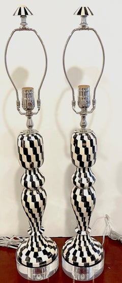 Pair of Modern Chevron Pattern Black & White Tessellated Stone & Lucite Lamps