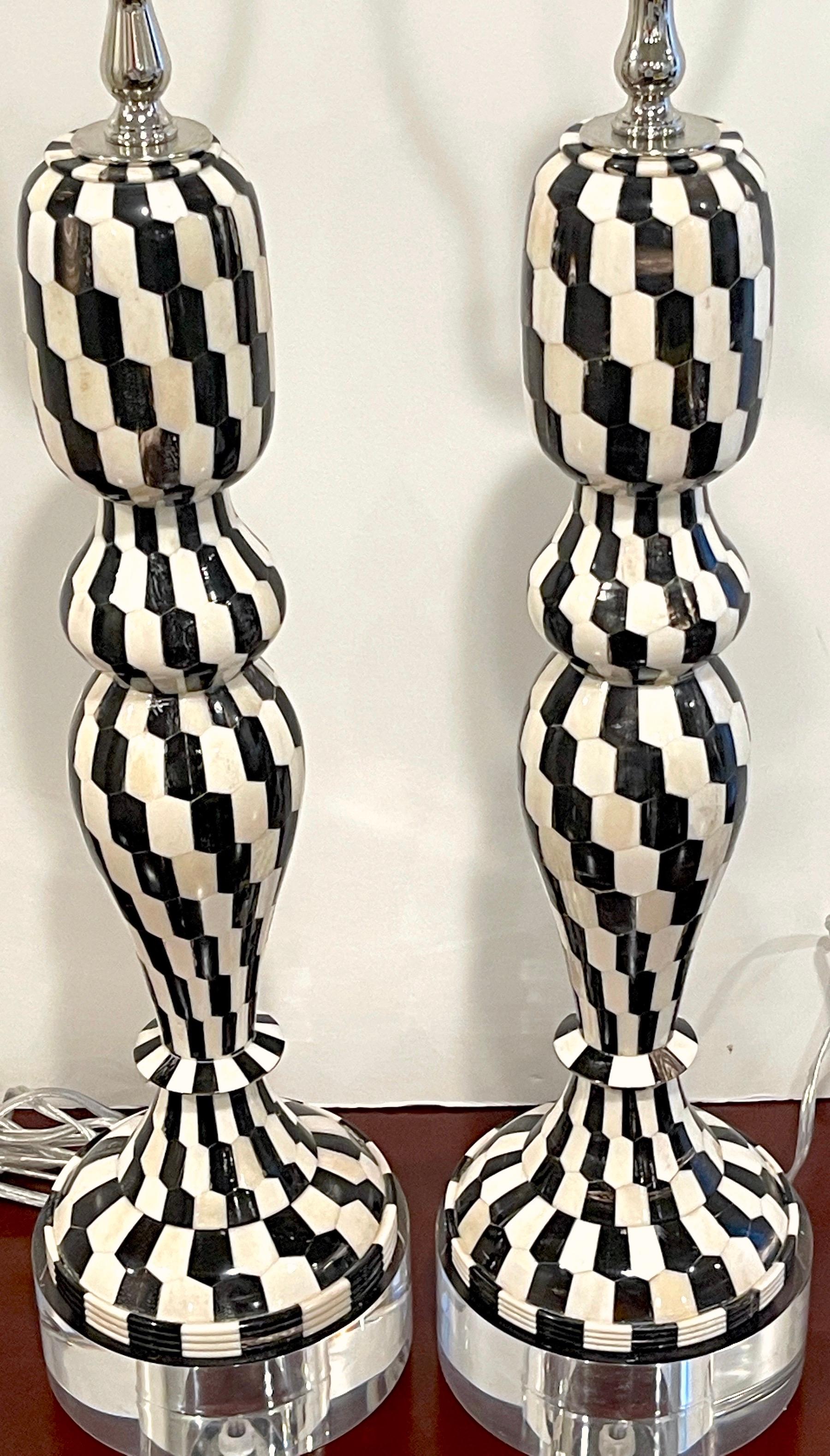 Inlay Pair of Modern Chevron Pattern Black & White Tessellated Stone & Lucite Lamps 