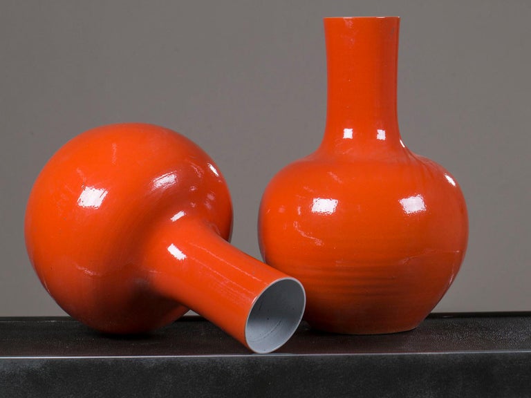 Pair of Modern Chinese Glazed Ceramic Orange Vases from China at 1stDibs