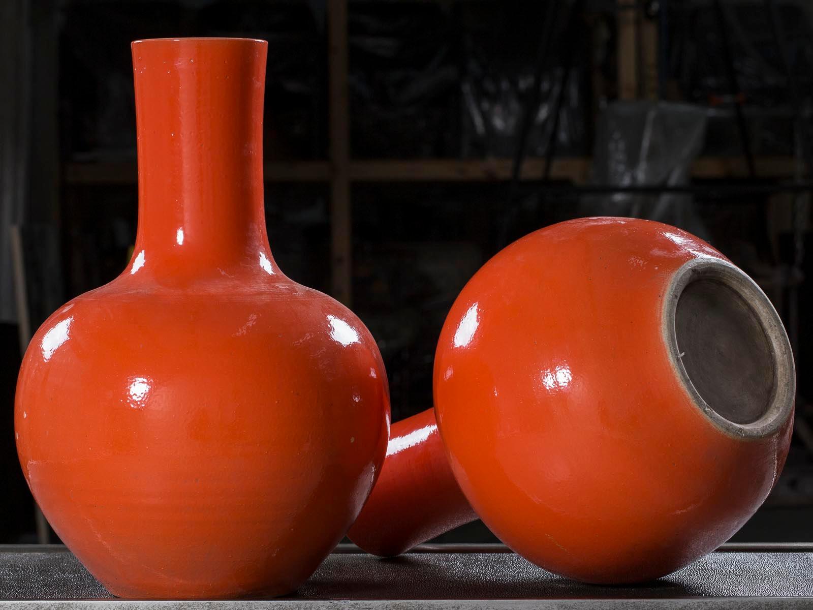 Pair of Modern Chinese Glazed Ceramic Orange Vases from China 6