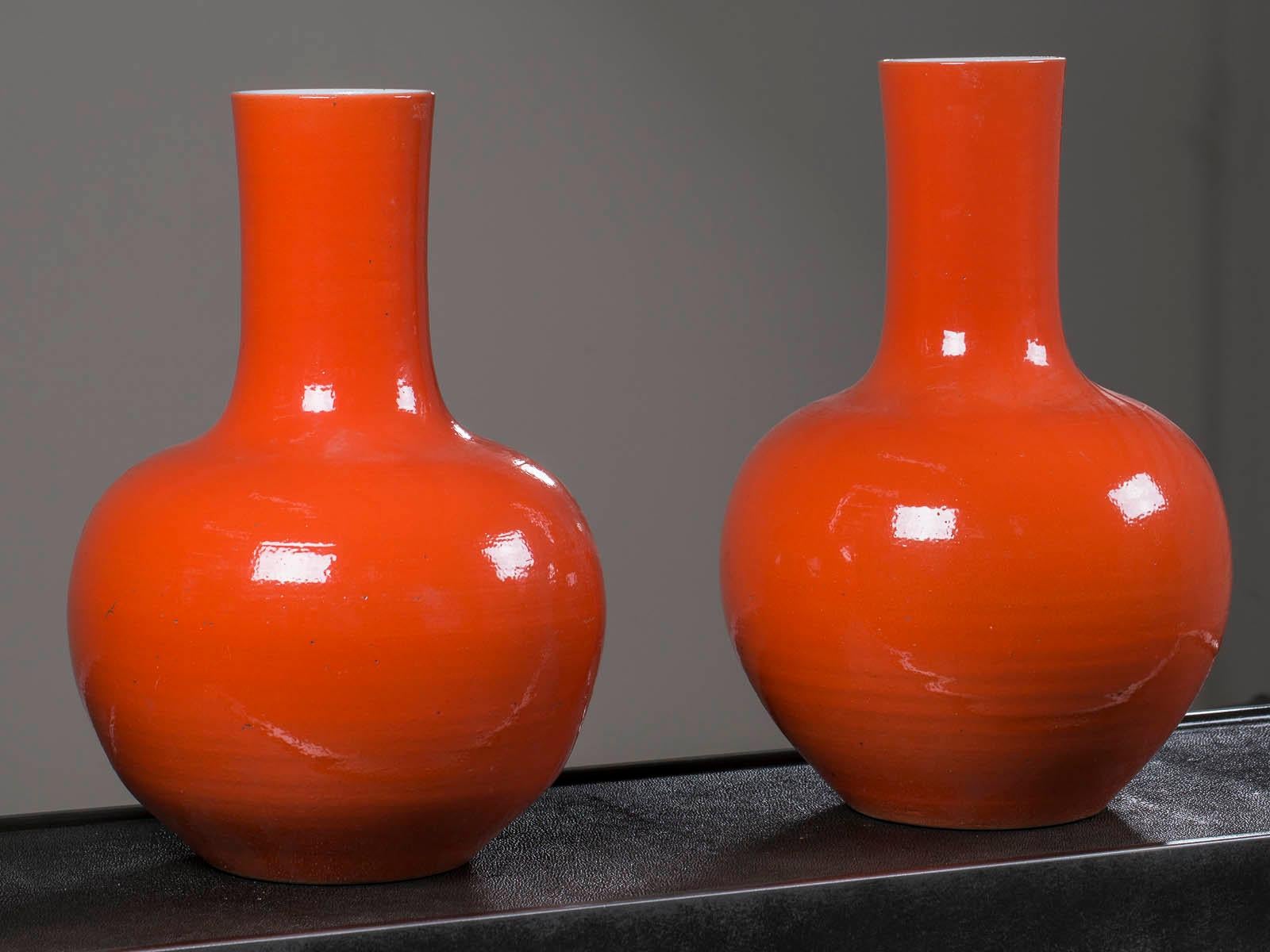 Pair of Modern Chinese Glazed Ceramic Orange Vases from China 7