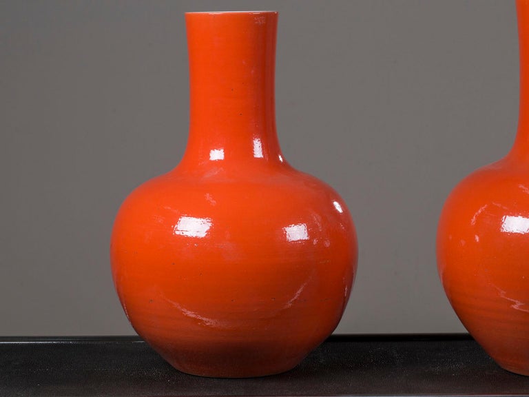 Pair of Modern Chinese Glazed Ceramic Orange Vases from China at 1stDibs