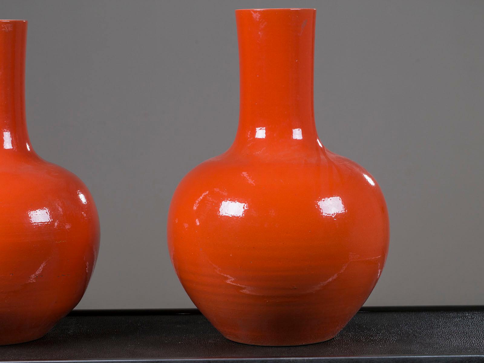 Pair of Modern Chinese Glazed Ceramic Orange Vases from China In Excellent Condition In Houston, TX