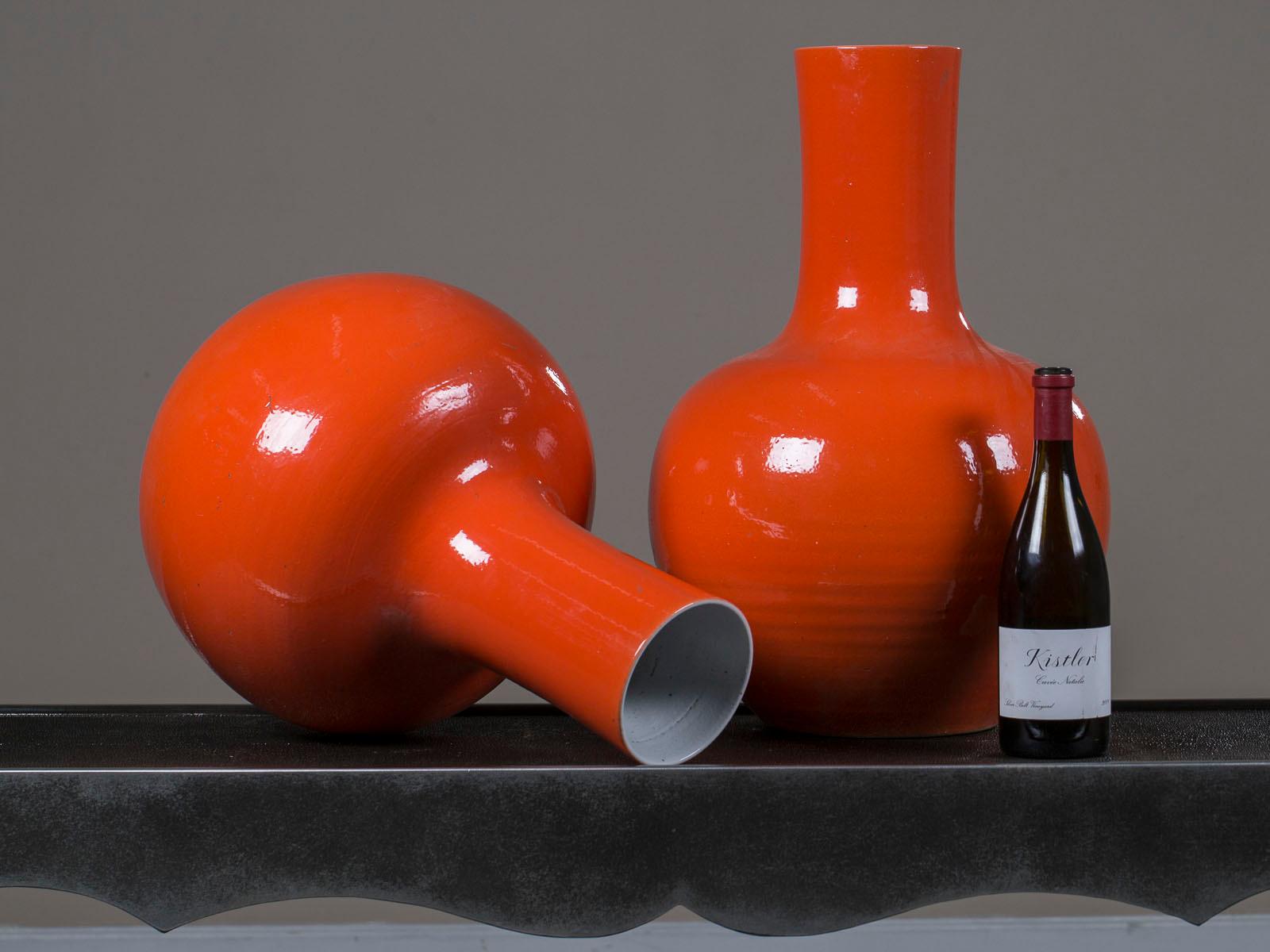Contemporary Pair of Modern Chinese Glazed Ceramic Orange Vases from China