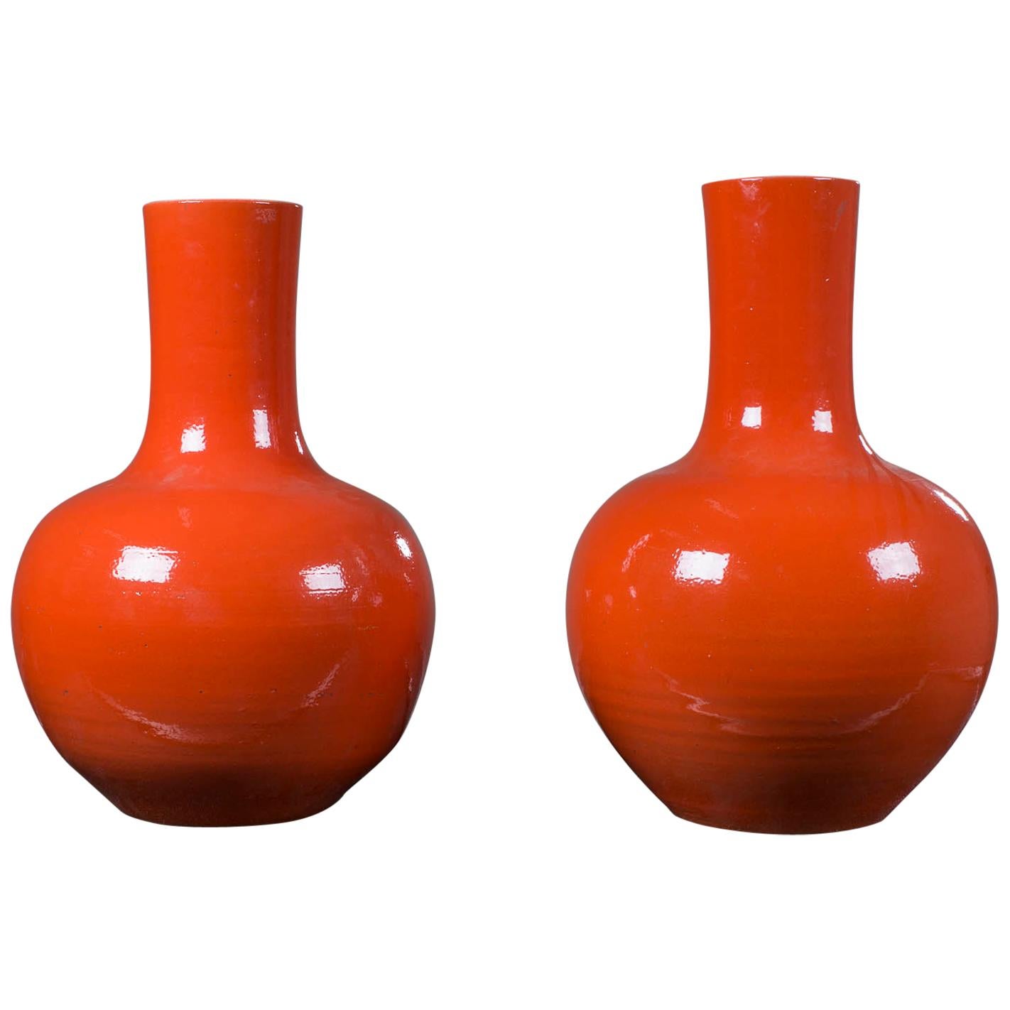Pair of Modern Chinese Glazed Ceramic Orange Vases from China