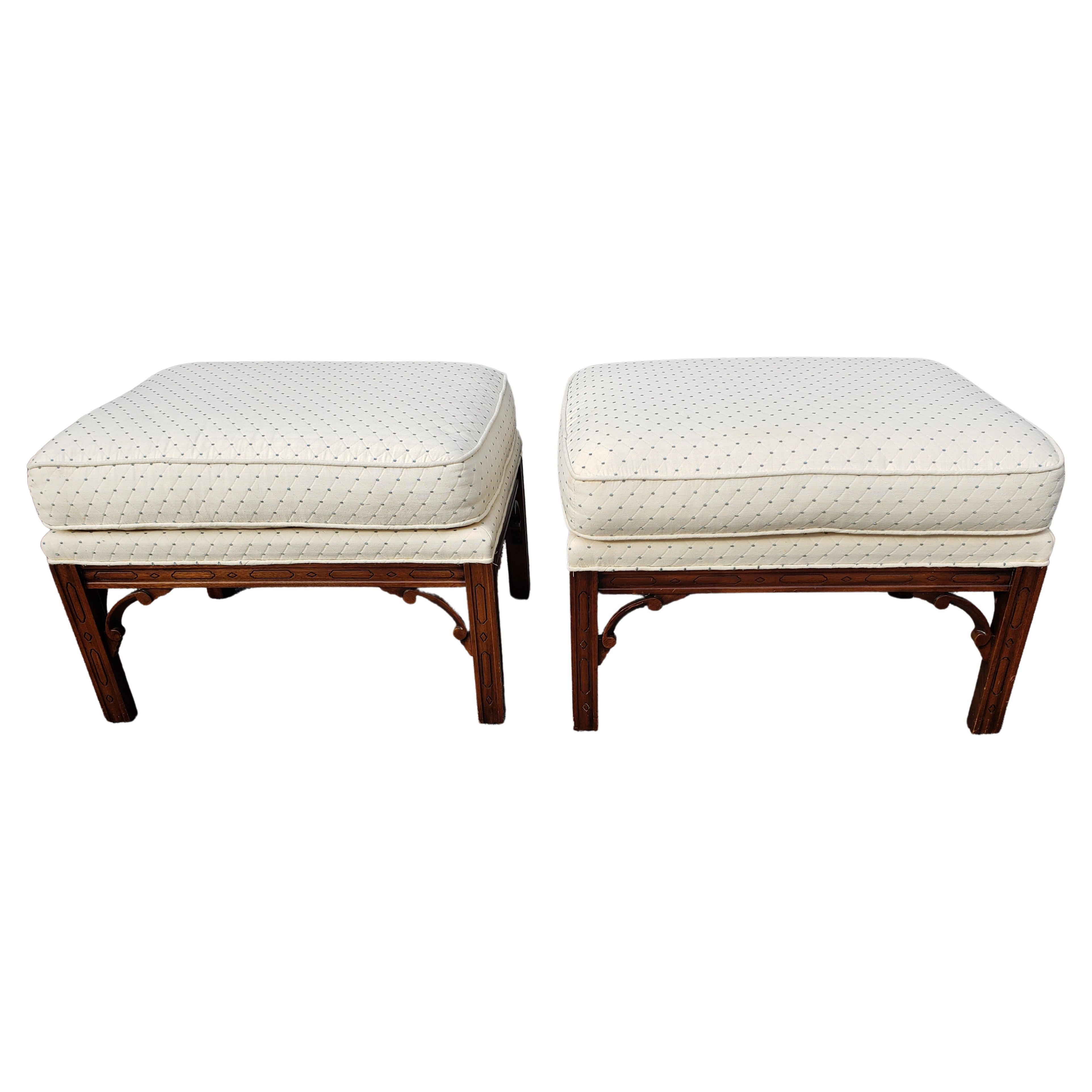 Pair of Modern Chippendale Mahohany Upholstered Ottomans / Benches