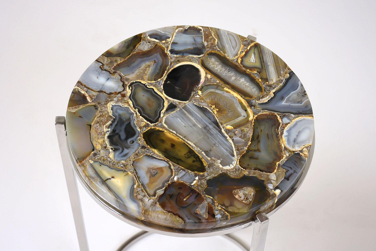 Polished Pair of Modern Chrome Agate Side Tables