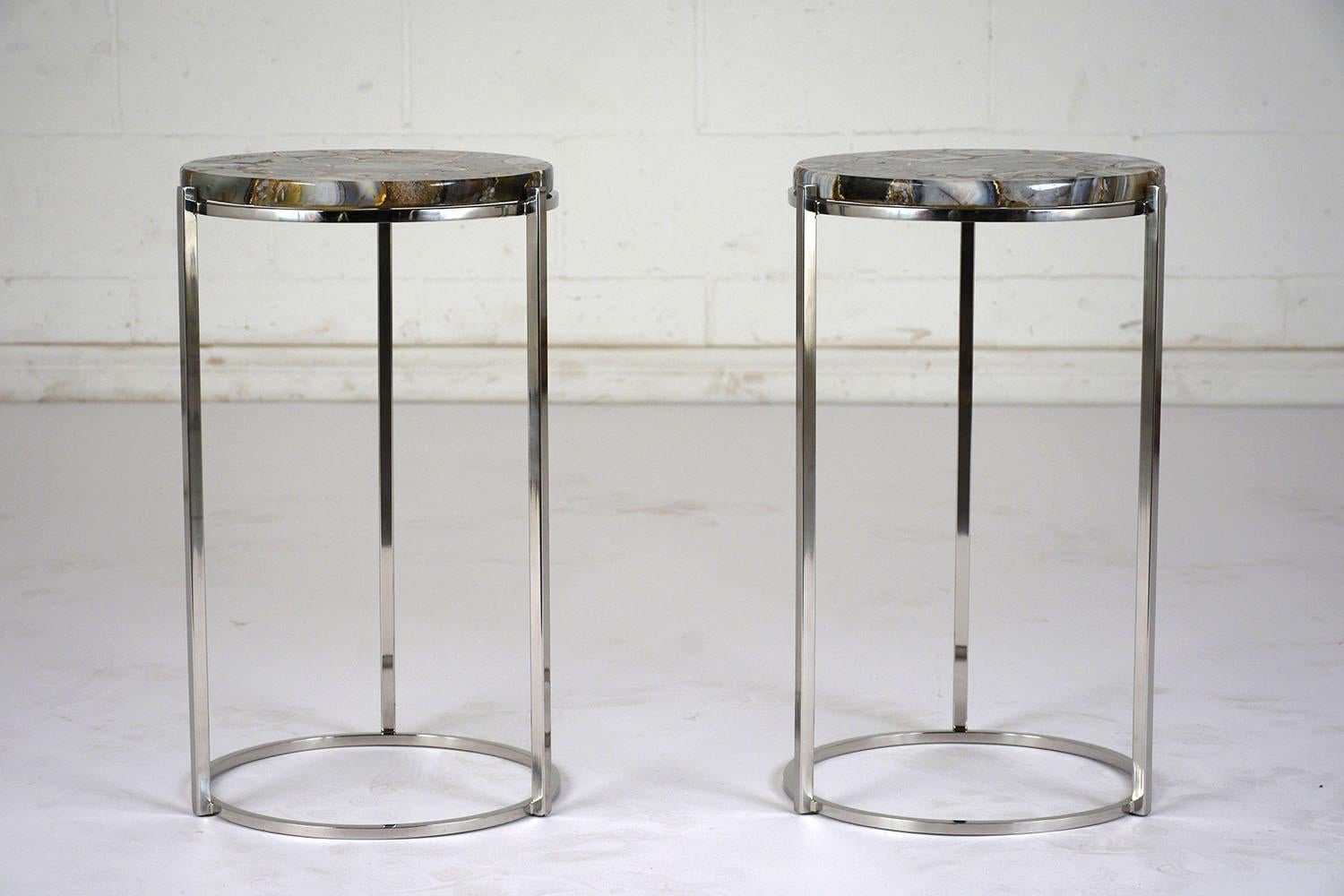 Pair of Modern Chrome Agate Side Tables In Excellent Condition In Los Angeles, CA