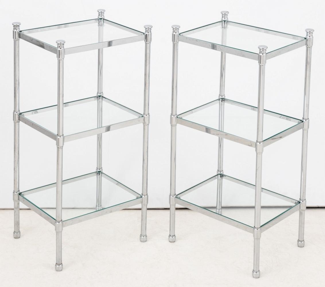 Pair of Modern Chrome and Glass Three-Tier End Tables. 28.25